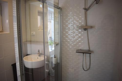塔塔Buborék apartman的带淋浴和盥洗盆的浴室