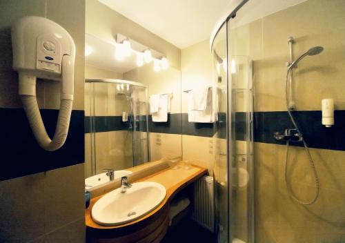 特尔古-塞奎斯Hotel Atrium的带淋浴、盥洗盆和淋浴的浴室