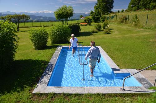 沙伊代格Hotel Alpenrose gut schlafen & frühstücken的两个男人在游泳池里玩耍