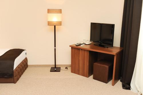 奥拉迪亚Vine Rooms的酒店客房设有电视和带台灯的书桌