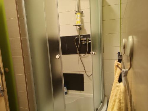 瓦拉日丁Apartman Korzo的浴室内带电话的淋浴