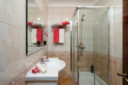 波尔蒂芒Cozy Apartment PORTIMÃO City Center的一间带水槽和淋浴的浴室