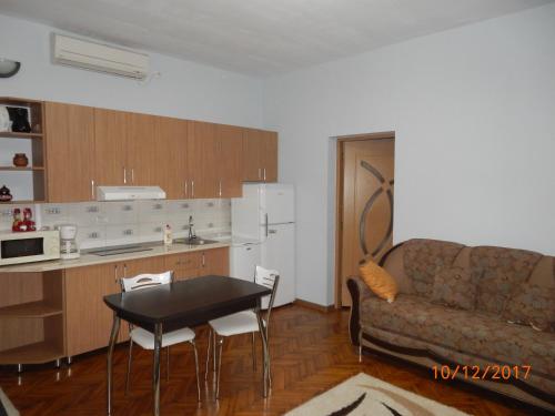 蒂米什瓦拉Apartament la casa (2 camere)的厨房以及带沙发和桌子的客厅。