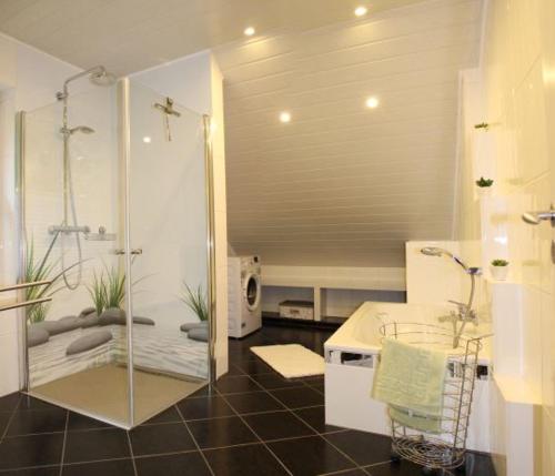 特拉本特拉巴赫Im Corveyer Wäldchen的带淋浴和盥洗盆的浴室