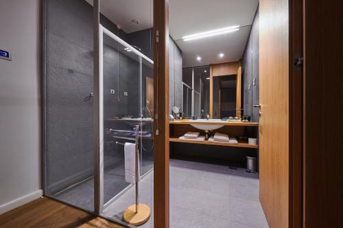 多博沃格迪柯酒店的一间带玻璃淋浴和水槽的浴室