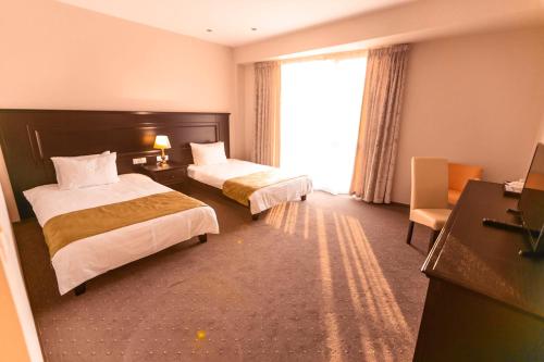 DărmăneascaPensiunea Himalaya的酒店客房设有两张床和窗户。