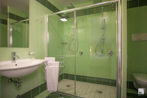拉文纳Palazzo Galletti Abbiosi的绿色浴室设有水槽和淋浴