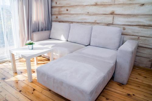 索非亚Sofia Central Luxury Apartment的客厅配有一张白色沙发,配有一张桌子