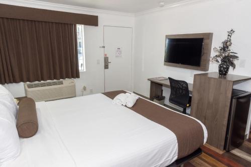 贝尔弗劳尔贝尔弗劳尔价值汽车旅馆的酒店客房配有一张床、一张书桌和一台电视。