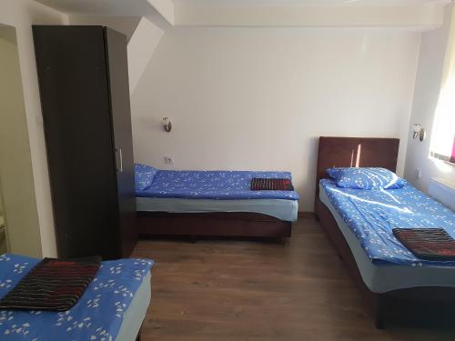 Edingen-NeckarhausenPension Haus Baron 2 Friedrichsfeld的配有蓝色床单的客房内的两张床