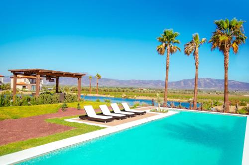 瓜达鲁佩镇El Cielo Resort的一个带躺椅的游泳池,棕榈树