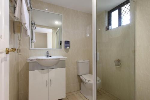 布里斯班诺维娜棕榈汽车旅馆的一间带卫生间、水槽和镜子的浴室