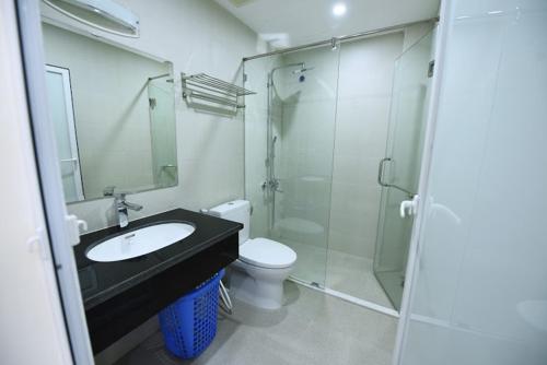 河内Granda Legend Apartment的一间带水槽、卫生间和淋浴的浴室