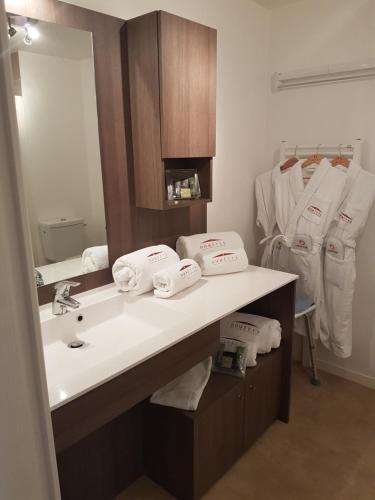 卡布尔Domitys Le Carrousel的浴室配有盥洗盆、镜子和毛巾
