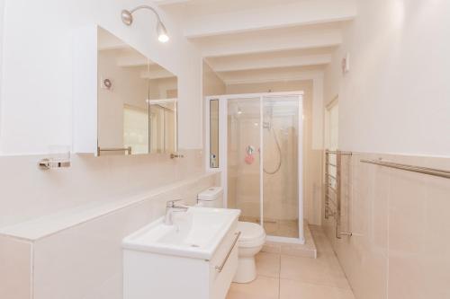 弗朗斯胡克Lavender Cottage的白色的浴室设有卫生间和淋浴。