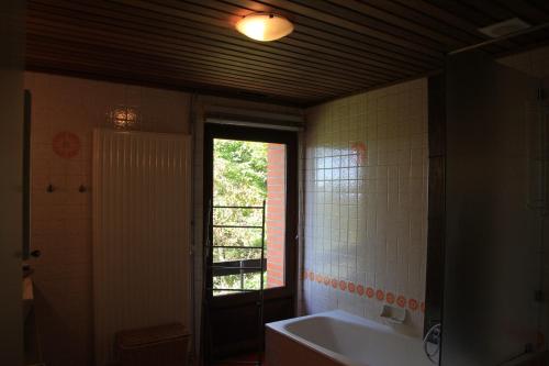 奥纲赖泽绿山公寓旅馆的带浴缸的浴室和窗户。