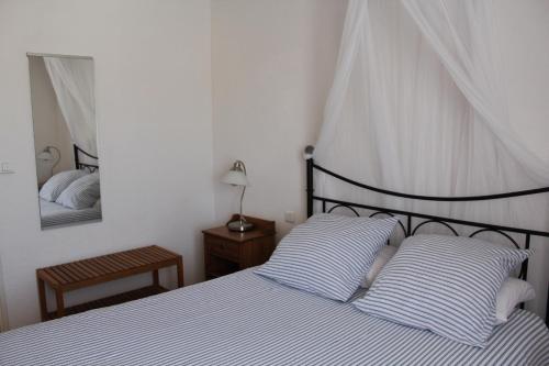 锡富尔勒普拉日乐克罗德邦酒店的一间卧室配有带条纹枕头和镜子的床