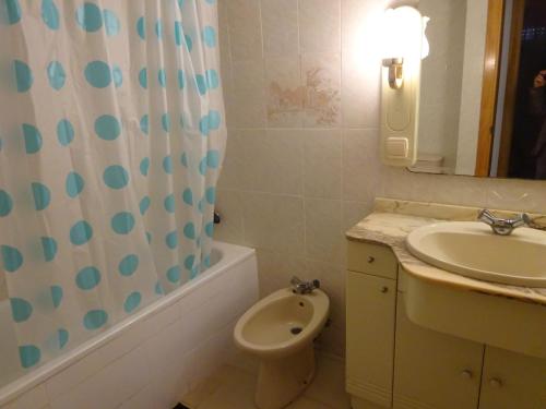 拉皮内达turquesa的浴室配有水槽、卫生间和浴帘