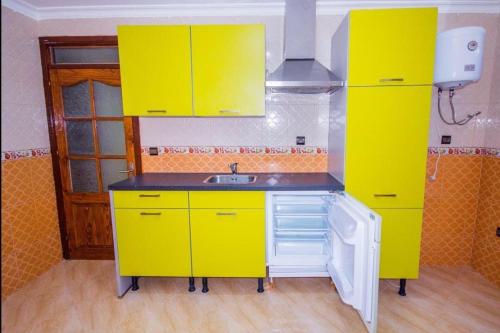 纳祖尔Appart Hotel Excellent的厨房配有黄色橱柜和水槽