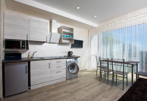 切尔诺莫斯克Apartamenty Terrasa的厨房配有水槽和洗衣机