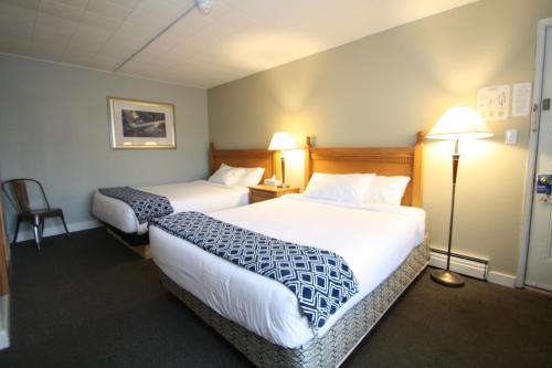 哈里森温泉哈里森Spa汽车旅馆的酒店客房设有两张床和两盏灯。