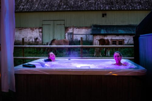 摩尔比兰加Ölands Yoga Studio & Islandshästar, Stugor & Rum的两人在热水浴池内,背靠马