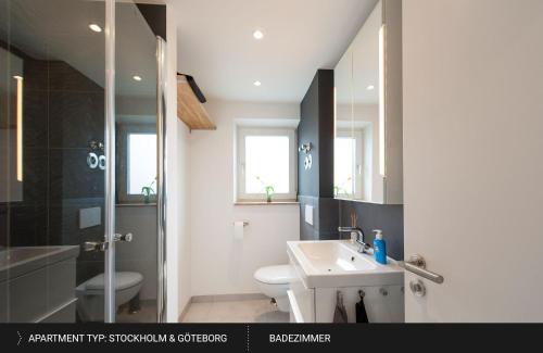 拜罗伊特HEJ Apartments Bayreuth的一间带水槽、卫生间和淋浴的浴室