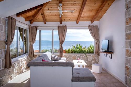 伊万多拉克Apartment Spila的带沙发的客厅,享有海景