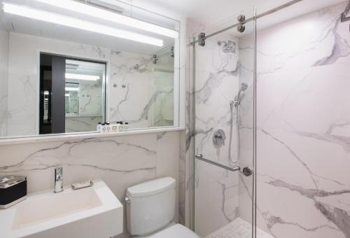 纽约时代广场阿利兹酒店的浴室配有卫生间、盥洗盆和淋浴。