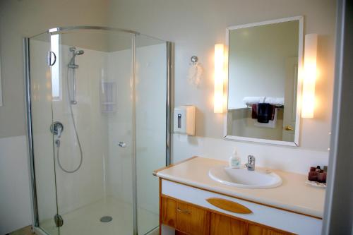 普基科希塔奇伍德汽车旅馆的带淋浴、盥洗盆和镜子的浴室