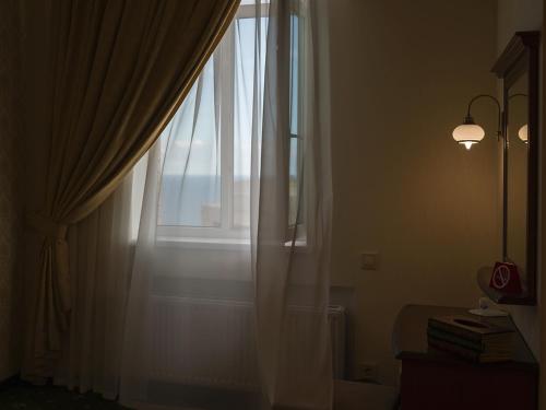 敖德萨ArcadiaSky的窗户配有白色窗帘和灯,书本