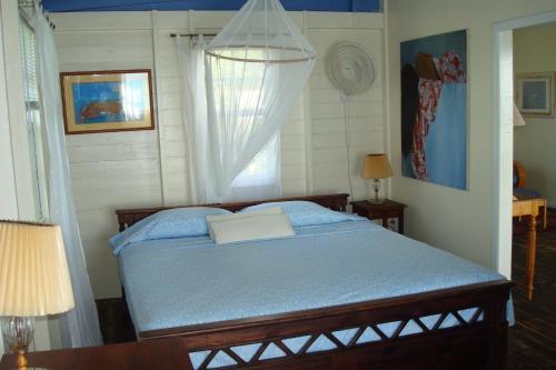 Five Islands VillageBreeze Cottage的一间卧室配有一张床,上面有一本书