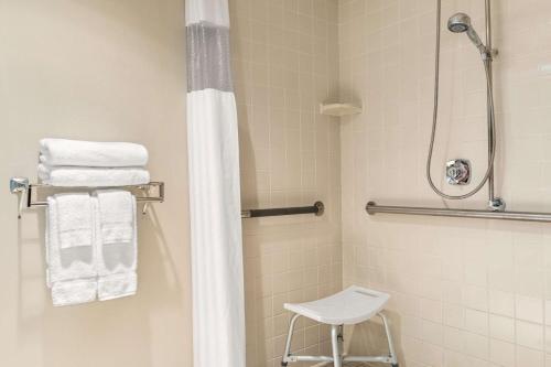 法戈Days Inn by Wyndham Fargo的带淋浴、卫生间和毛巾的浴室