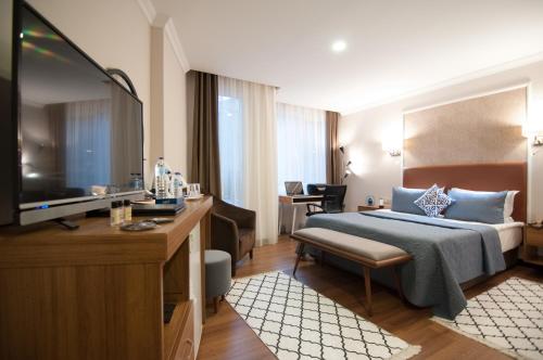 伊斯坦布尔Nomade Hotel Exclusive的酒店客房,配有床和电视