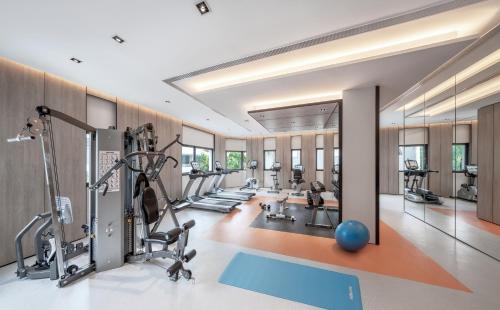 新加坡Le Grove Serviced Residences的健身房设有跑步机和球