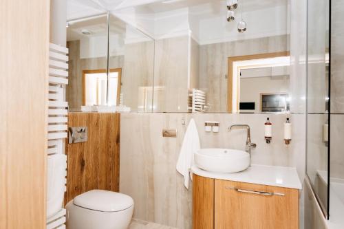 埃尔布隆格Willa Piękny Widok的一间带水槽、卫生间和镜子的浴室