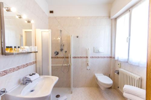 罗韦雷托圣伊拉里奥酒店的一间带水槽、卫生间和淋浴的浴室