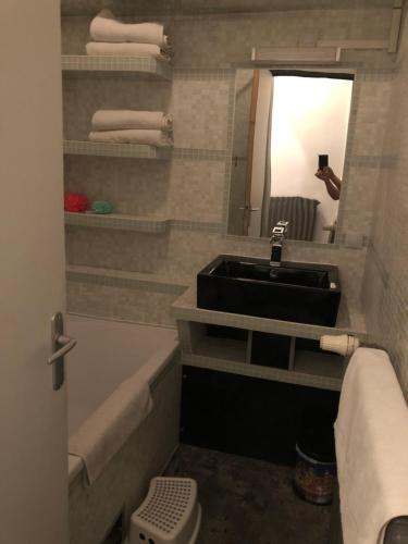 博韦Le bonheur du Bengal的浴室配有盥洗盆、镜子和毛巾