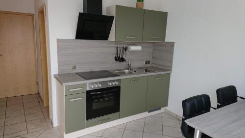 贝斯特维希Ferienwohnungen Eismecke的厨房配有绿色橱柜、水槽和桌子
