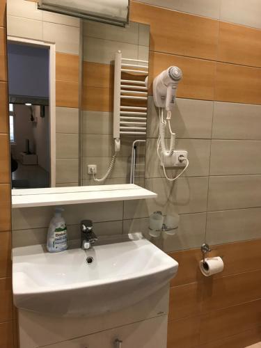 卡罗维发利New cosy studio的浴室设有白色水槽和镜子