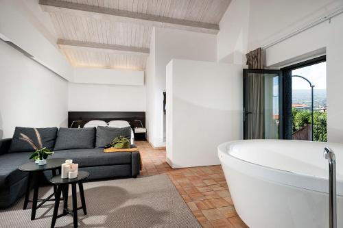 加里Ramo d'Aria Etna Boutique Hotel的一间带浴缸和沙发的客厅