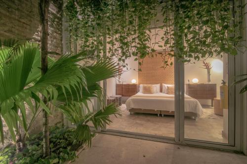 卡塔赫纳卡萨克拉弗阁楼精品酒店的植物间内一间卧室,配有一张床