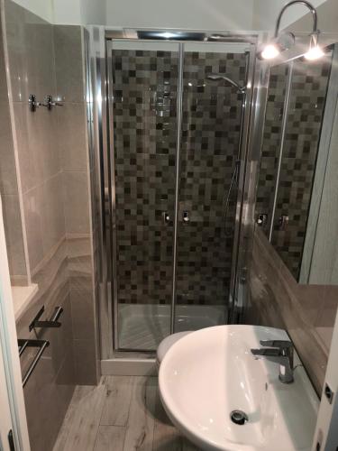 巴列塔Casa Vacanze De Nittis的带淋浴和白色盥洗盆的浴室