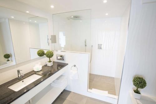 戛纳Best Western Plus Cannes Riviera的白色的浴室设有水槽和淋浴。