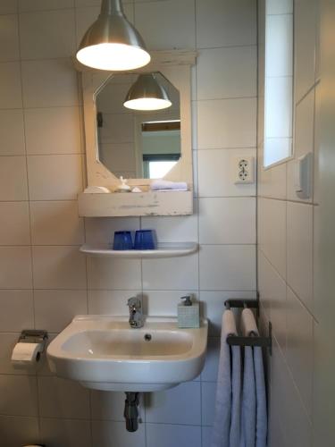 WestzaanHet Pulletje的浴室配有盥洗盆、镜子和毛巾