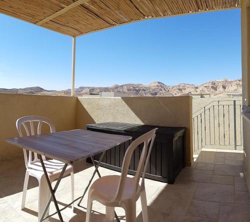Beʼer OraThe Birdwatchers Nest的阳台享有沙漠美景,配有桌椅。