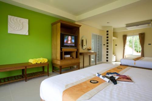 象岛帕拉度假酒店的一间带绿色墙壁的卧室和一张带电视的床