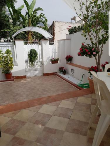 巴勒莫Mondello Home "46 passi"的种有盆栽植物和白色墙壁的庭院