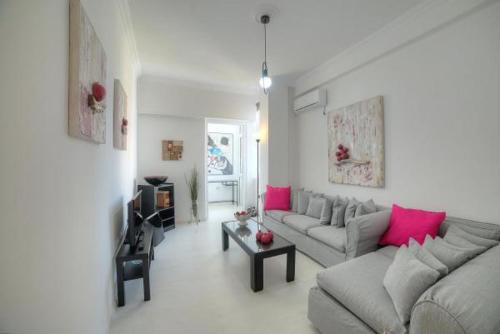 雅典Cosy apartment in Glyfada center的客厅配有灰色的沙发和粉红色的枕头。