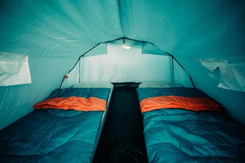 慕尼黑ESN Oktoberfest Campsite的蓝色帐篷,内有2个睡袋